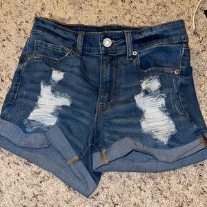 aero dark wash denim shorts high rise midi